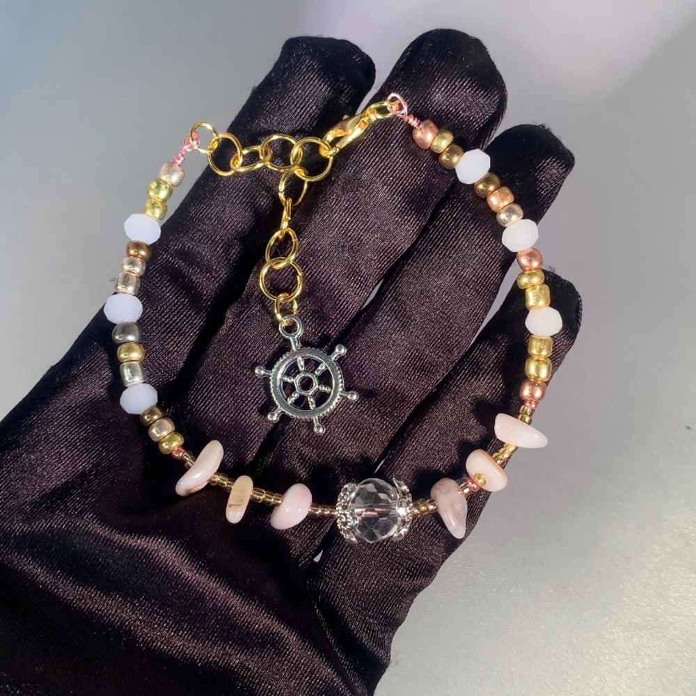 SUNLIT VOYAGE — Handmade Metallic & White Glass Beaded Bracelet with Wheel Charm